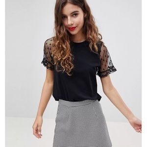 ASOS Design 6 Black Dobby Mesh Sleeves Shirt Sheer Delight Relaxed Fit Crew Neck